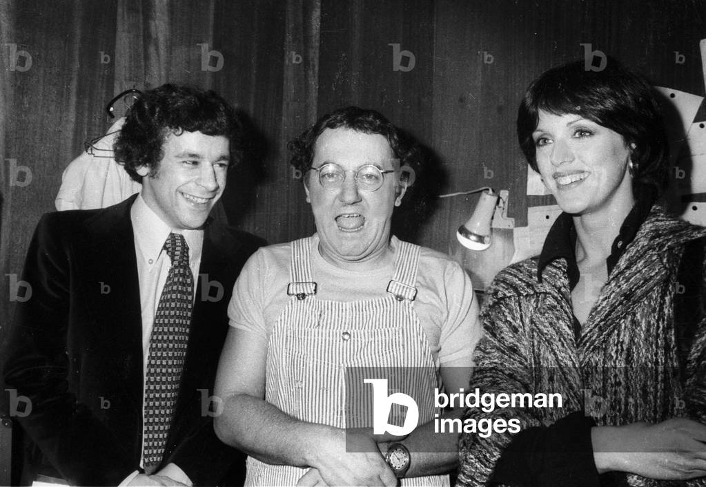 Francis Perrin and Anny Duperey Congratulating Coluche After Hsi Show at The Olympia in Paris on February 19, 1975 (b/w photo)