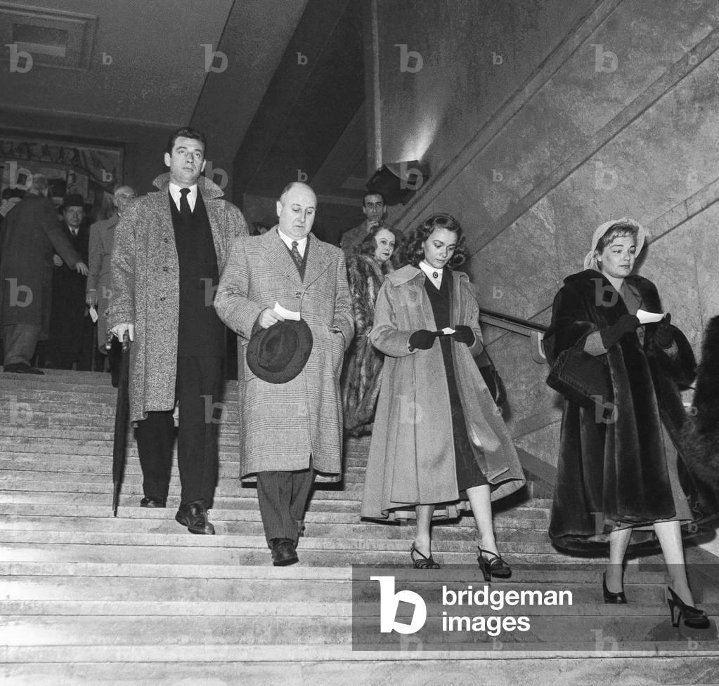 Demonstration for peace at the Palais de Chaillot, Paris, February 1st, 1952 : Yves Montand and Simone Signoret with Daniele Delorme (b/w photo)