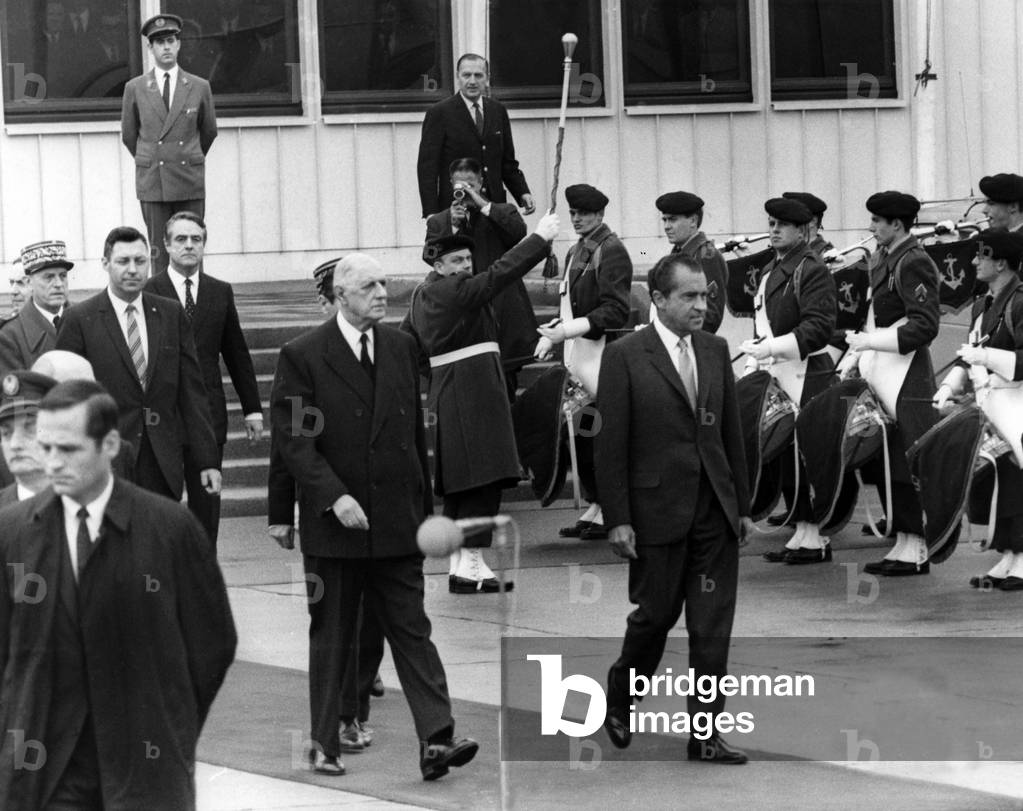 Richard Nixon, American President, and Charles De Gaulle, French President, at Orly Airport in Paris, March 2, 1969 (b/w photo)