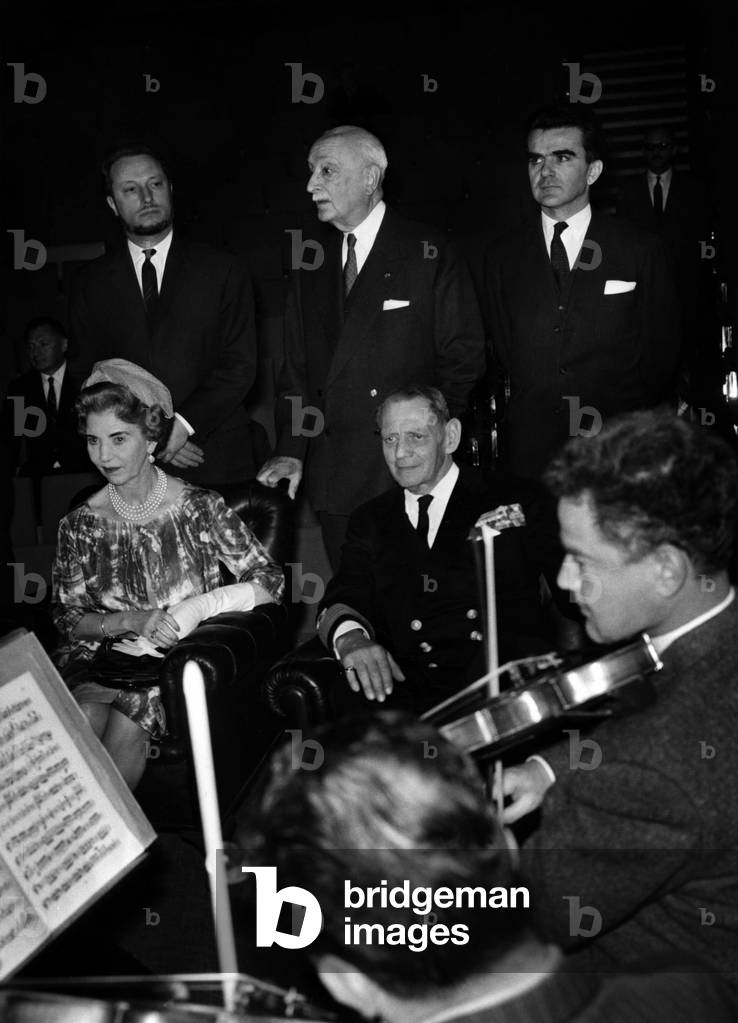 Visit of Danish Sovereigns in Paris on April 6, 1965 : King Frederik Ix of Denmark and Queen Ingrid Listening Music at Ortf ; Standing : Andre Astoux, Wladimir D'Ormesson Et Jacques Bernard Dupont (b/w photo)