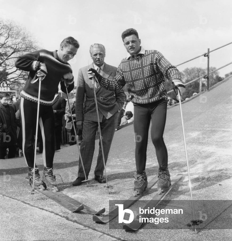 Jean Vuarnet Emile Allais And Adrien Duvillard At the Salon Des Sports Et Du Camping April 30, 1960 (b/w photo)