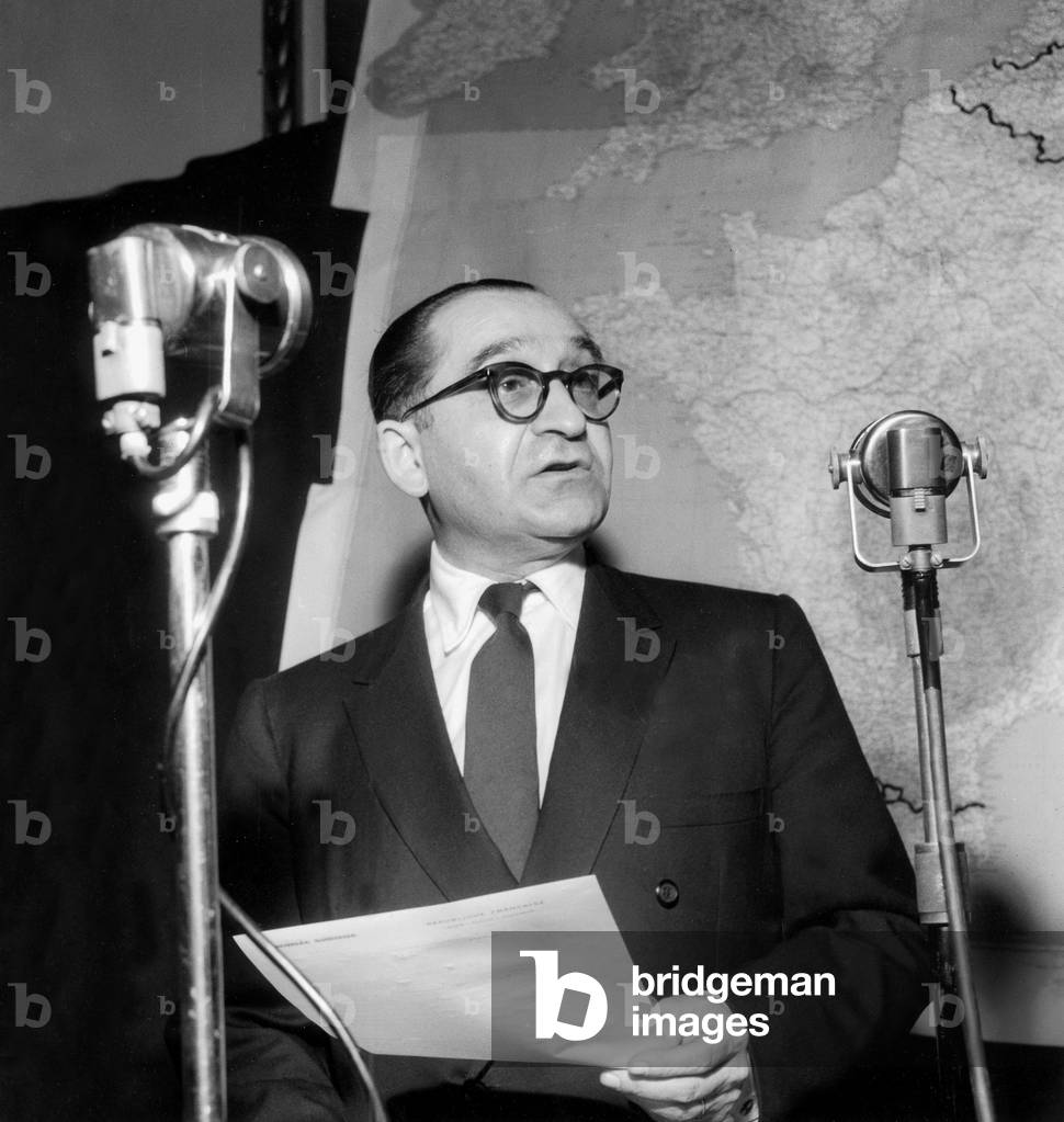 Press Conference of French Politician Pierre Mendes-France April 2, 1959 (b/w photo)