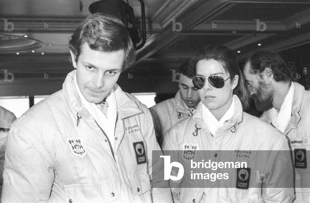 Stefano Casiraghi and Princess Caroline of Monaco at departure of the Paris Dakar race in Paris, December 31, 1984 (b/w photo)