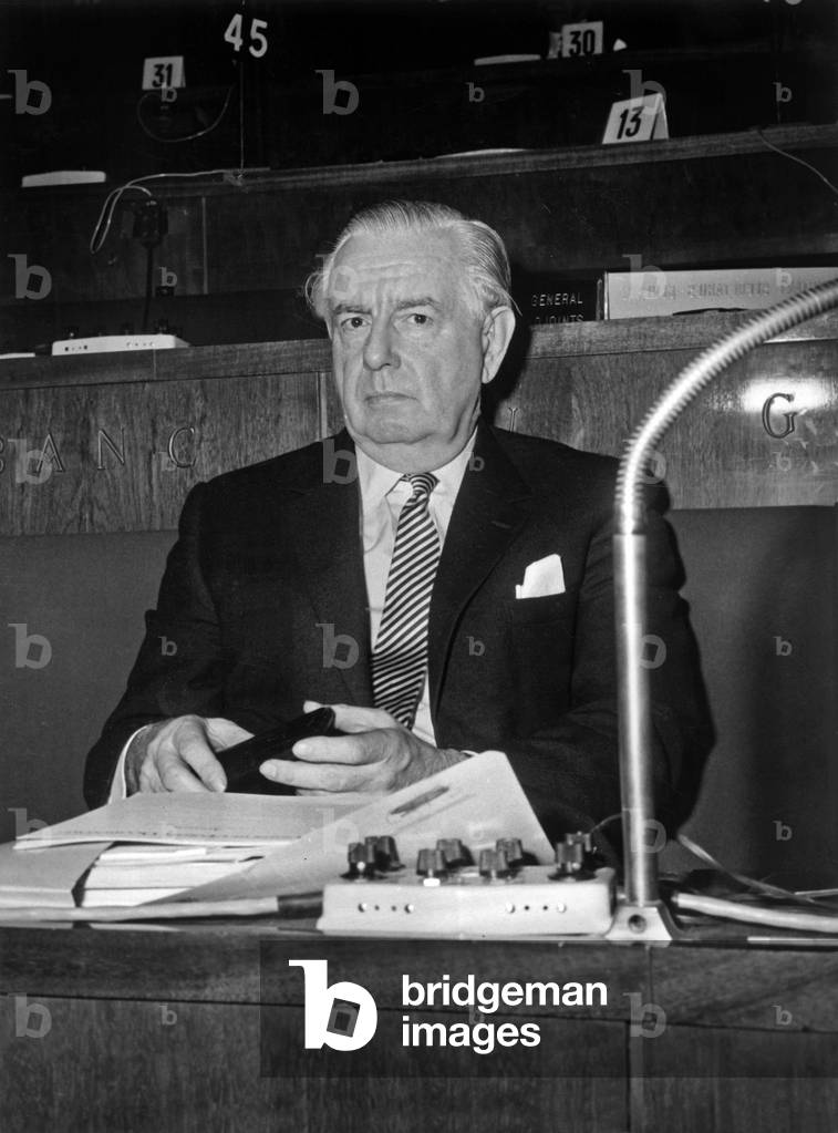 The Secretary of Ufo Von Plehwe at the Palace of Iena at the Opening of the 14th Ordinary Session of the General Assembly February 20, 1969 (b/w photo)