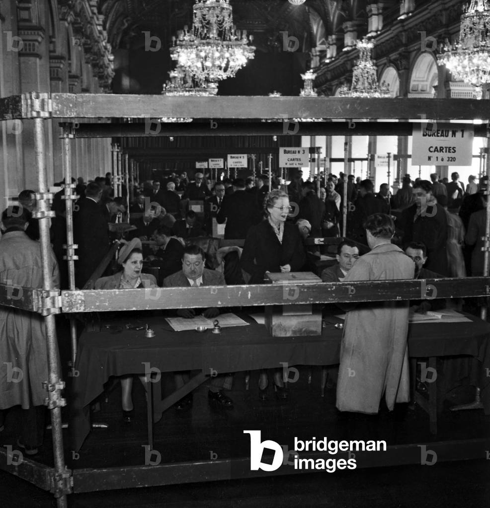 French Senate Elections on November 7, 1948 : here Polling Station in Paris City Hall (b/w photo)