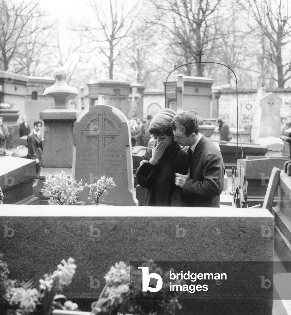 Funerals of Fil Director Jacques Becker : Widow Francoise Fabian and his Son February 23, 1960 (b/w photo)