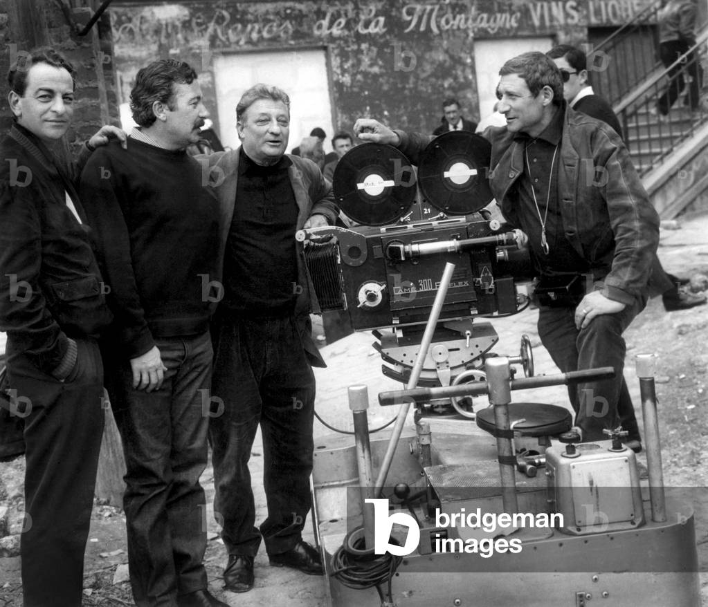 Bernard Borderie (Profile With Moustache) With The Persin Brothers During The Shooting Of A Scene Of The Film “Anti-Gang Brigade” In 1966 (b/w photo)
