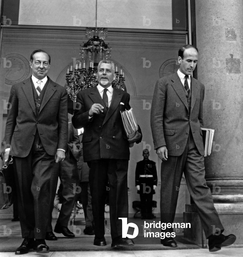 Bernard Chenot, Robert Buron and Valery Giscard D'Estaing (Vge) Leaving Elysee After Council of Ministers, Paris, April 6, 1961 (b/w photo)
