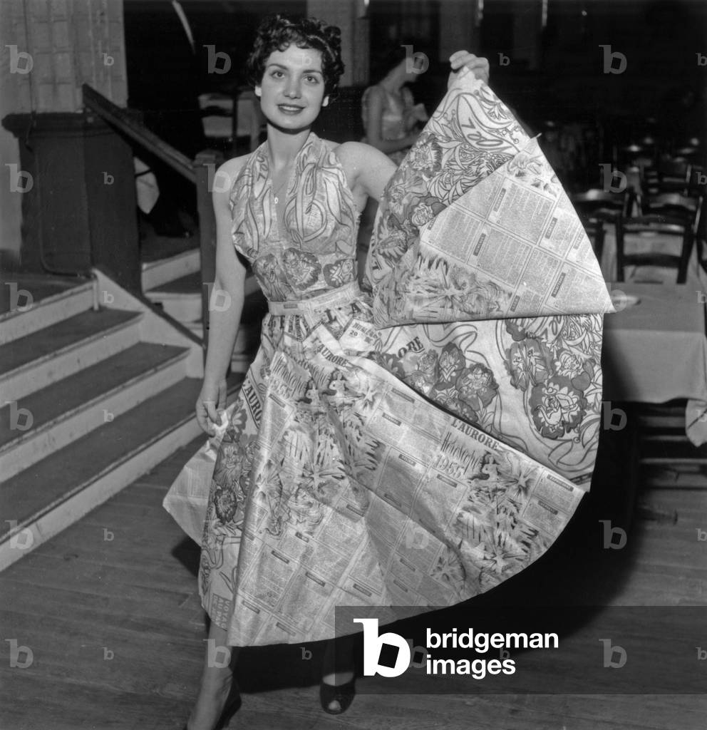 Dress Made With Papers, Paris, February 13, 1955 (b/w photo)