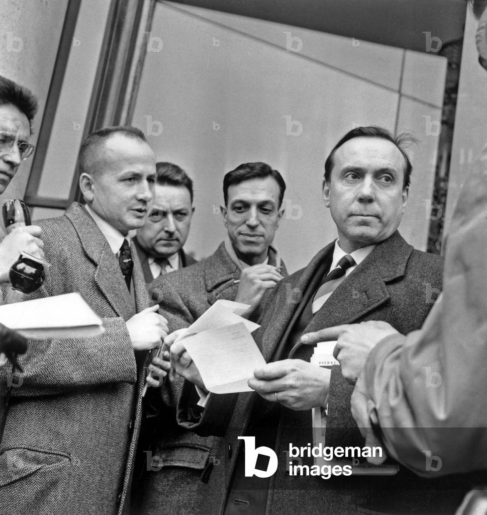 Michel Debre Leaving Elysee, Paris, April 17, 1958 (b/w photo)