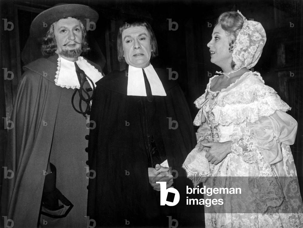 Reherasal For Play Tartuffe By Moliere at Comedie Francaise, Paris on December 11, 1968 : Jacques Charron, (Orgon), Robert Hirsch (Tartuffe) and Claude Winter (Elmire) (b/w photo)