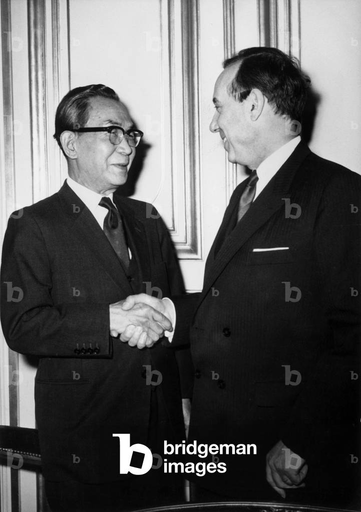 Michel Debre (R, French Minister For Foreigns Affairs) Shaking Hands With Takeo Miki (Japanese Minister For Foreigns Affairs) at Thefrench Foreign Office in Paris, July 17, 1968 (b/w photo)