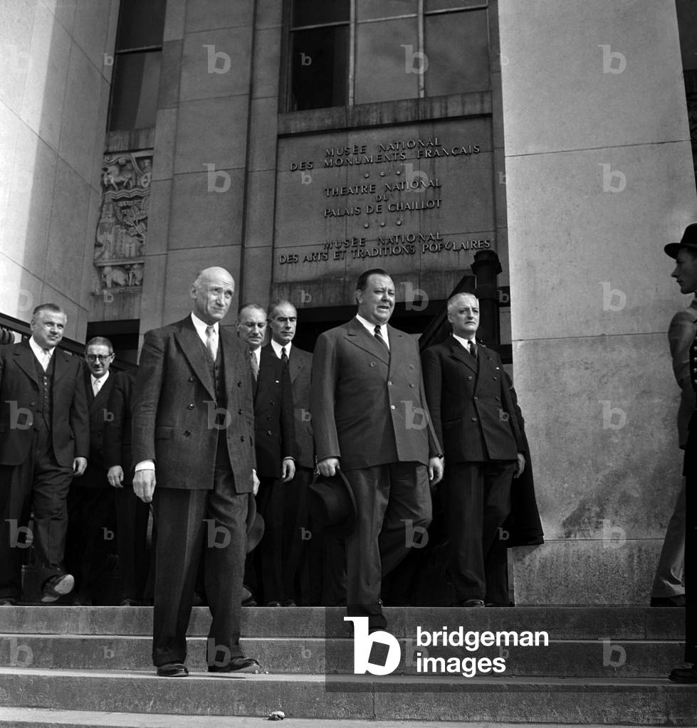 Robert Schuman, Trygve Lie  and Alexandre Parodi, at The Trocadero, Paris,  1948 (b/w photo)