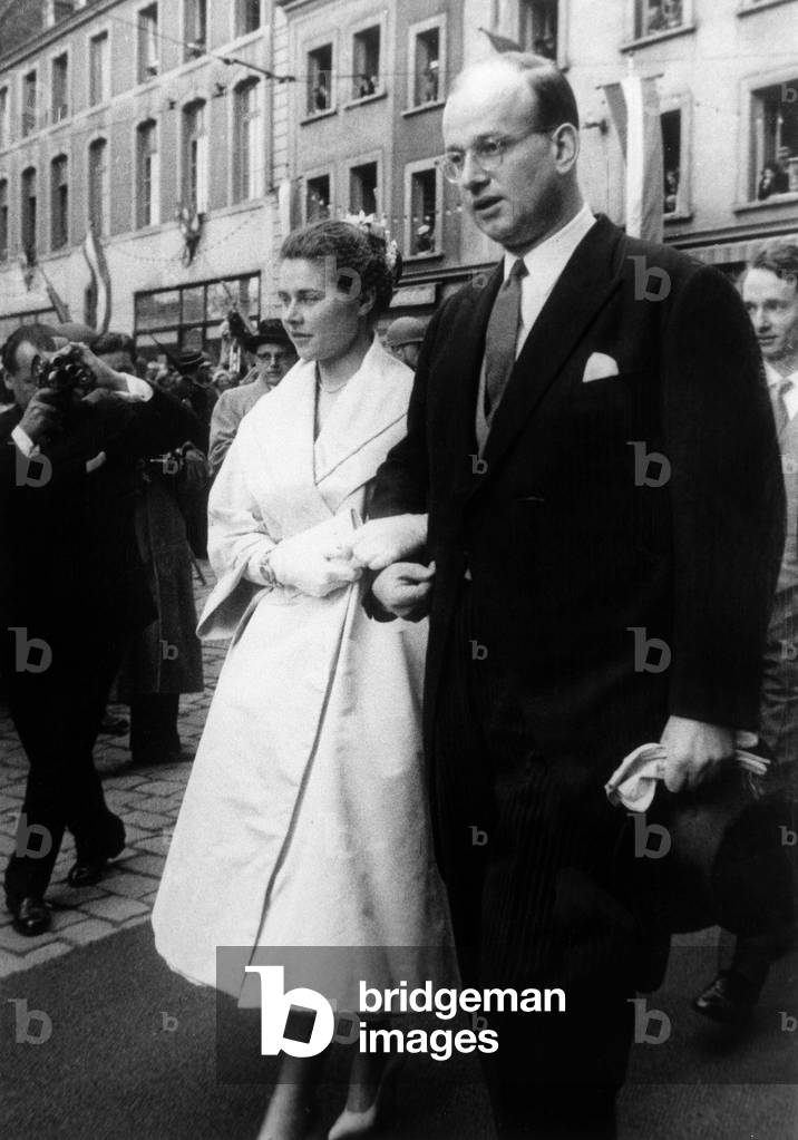 Princess Isabelle D'Orleans (Daughter of The Countofparis) and Prince Henri of Lichtenstein at Wedding of Princess Marie-Adelaide of Luxembourg April 10, 1958 (b/w photo)