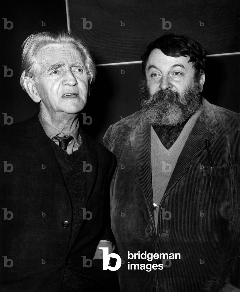 To the Direction Generale des Arts et Lettres After The Proclamation Of The Results Of The “Grand Prix National Des Lettres” To Louis Guilloux (Left) Laureat From Grand Prix National Des Lettres And Etienne Martin Laureat From Grand Prix Des Arts On December 4, 1967 (b/w photo)