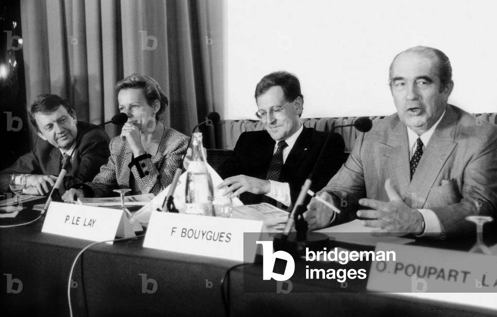 L-R Etienne Mougeotte General Director, Christine Ockrent Deputy Manager, Patrick Le Lay Vice-Chief Executive Officer and Francis Bouygues Chief Executive Officer during Board Meeting For The Privatization of Tf1 French Tv-Channel, in Boulogne June 23, 1987 (b/w photo)