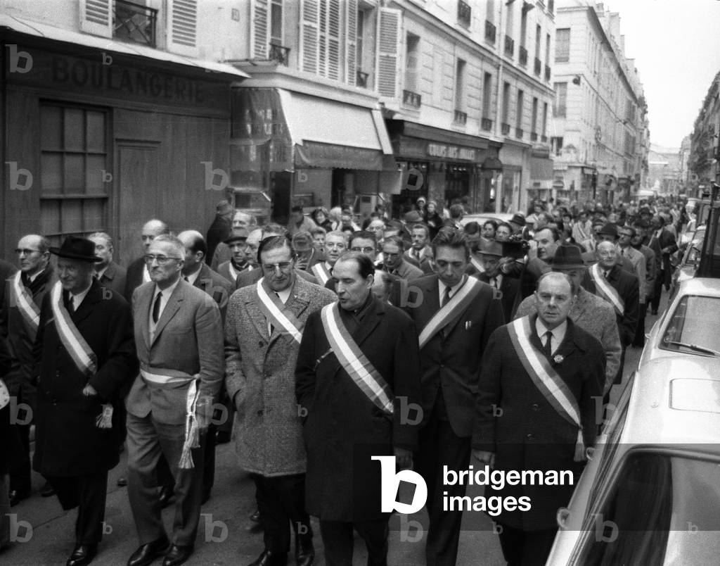 Demonstration of mayors about the reform of the local tax system, going to the Hotel Matignon, Paris, April 8, 1970 (b/w photo)