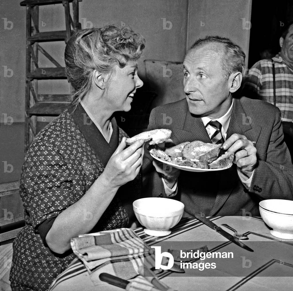 Paulette Dubost and Bourvil on Set of Film 