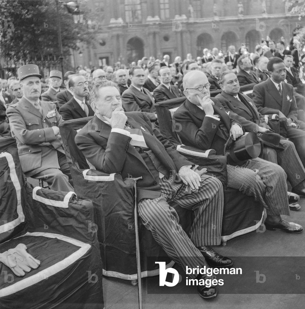 Funeral of French politician Maurice Pestche, September 1951, Paris : Edouard Herriot and French president Vincent Auriol (b/w photo)