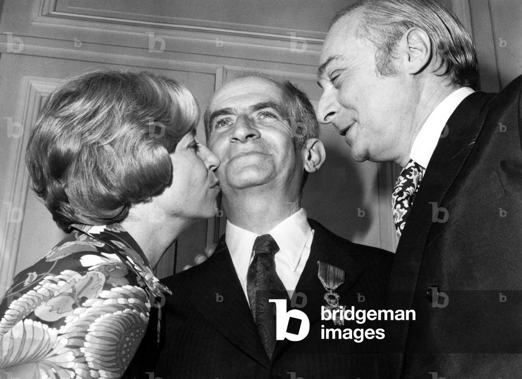 Louis De Funes Received Cross of Honour here With his Wife Jeanne and Film Director Gerard Oury at Maxim'S Restaurant March -16, 1973 (b/w photo)