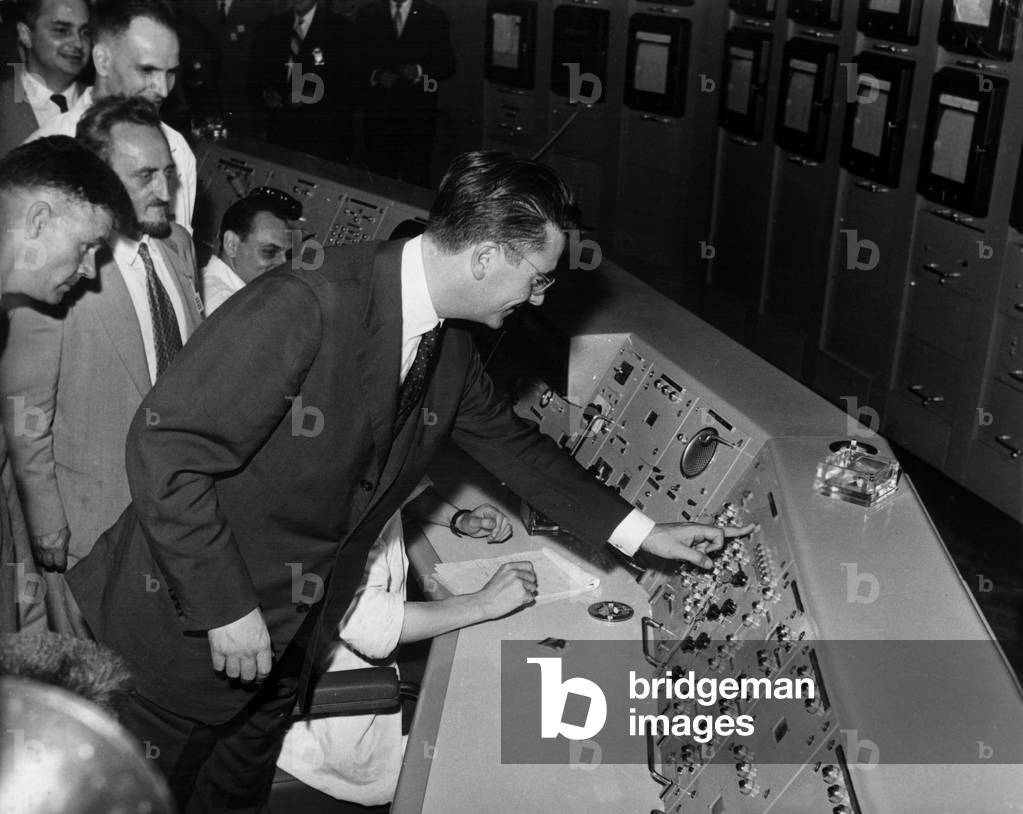 Felix Gaillard, French Minister of Finances, in Saclay at Cea (Atomic Energy Commission) For New Atomic Pile El3, July 4, 1957 (b/w photo)