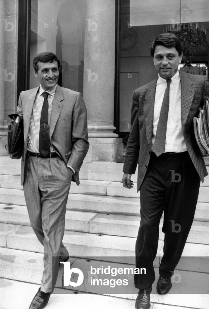 French Ministers Francois Leotard and Alain Madelin Leaving Elysee After Council of Ministers, Paris, June 24, 1987 (b/w photo)