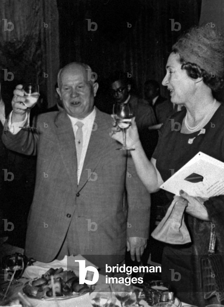 Visit of soviet politician Nikita Khroutchev in France in March 1960 : here drinking a toast (b/w photo)