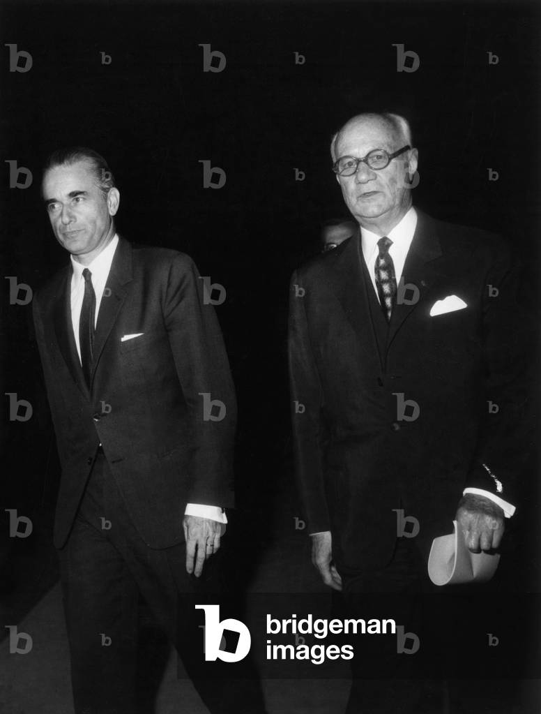 Jacques Chaban-Delmas, French Prime Minister, Welcome By Emile Roche , President of Economic and Social Council, July 8, 1969 (b/w photo)