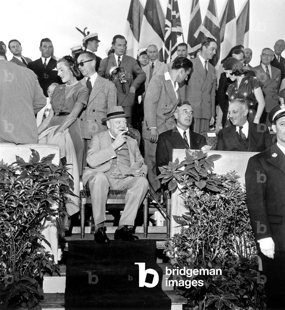 Winston Churchill Looking at Parade in Nice South of France With Lord Louis Mountbatten and Mayor of Nice Jean Medecin, May 17, 1952 (b/w photo)