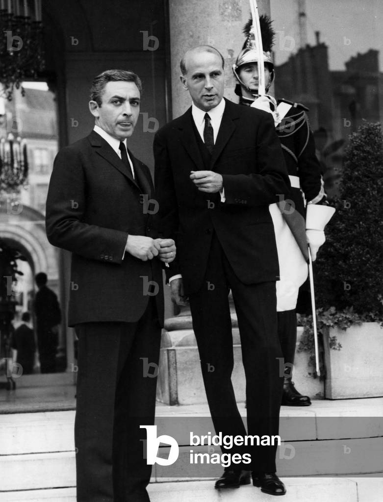 Mr Caldagues President of the City Council of Paris To the Left Here At The Exit Of The Elysee In The Company Of Mr Taitinger After Attend General De Gaulle's Breakfast Offered In Honour Of The Cardinalfeltin On September 26, 1967 (b/w photo)