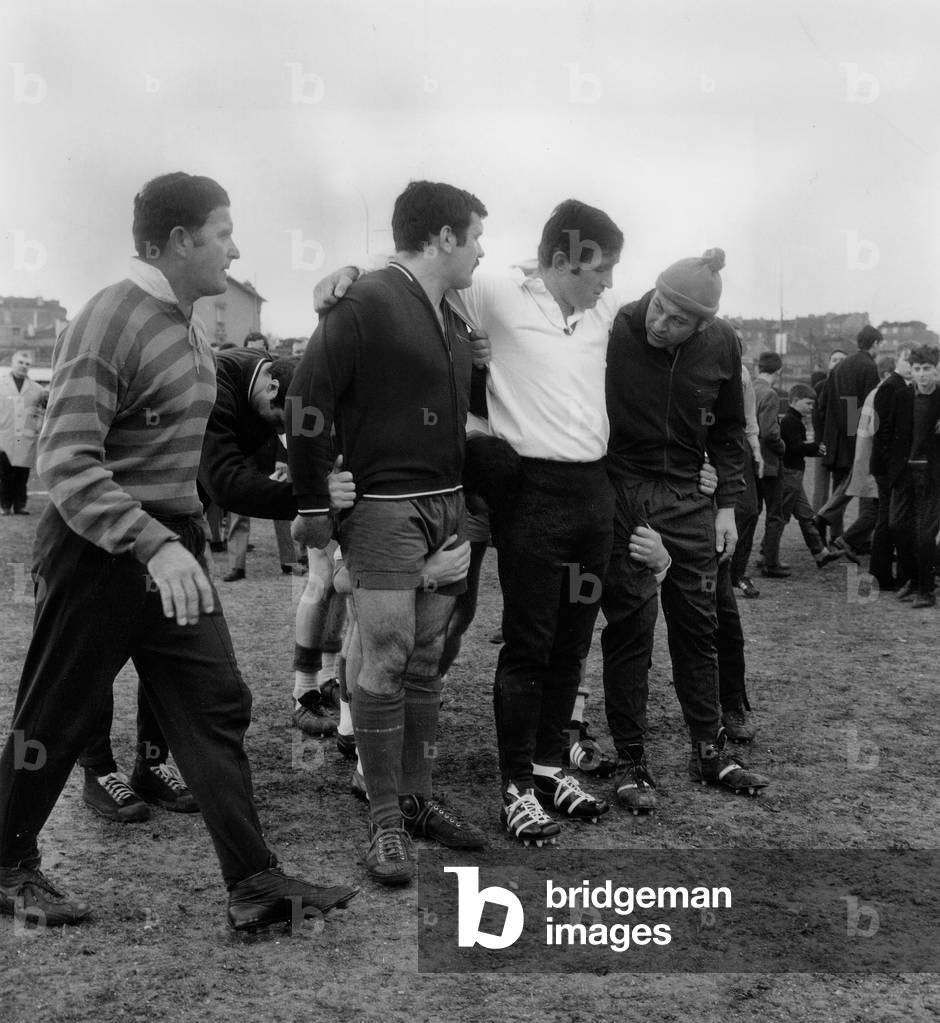Prat, Gruarin, Cabanier and Abadie of The French Rugby Team during Training in Charletty Stadium in Paris March 31, 1967 (b/w photo)