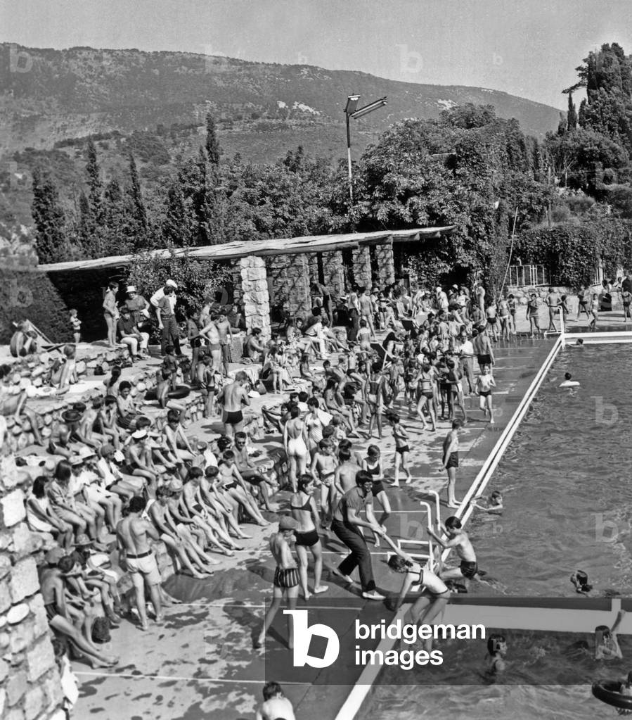 August 1968, Holiday Camp in Levens, South of France, Children at The Swimming Pool (b/w photo)
