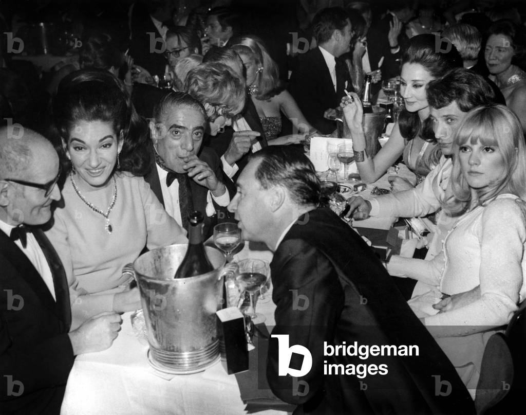 At Gala of Lido in Paris on December 21, 1966 : Sylvie Vartan, Johnny Hallyday, Viscountess Jacqueline of Ribes (R) and Georges Cravenne, Maria Callas Et Aristote Onassis (L) (b/w photo)