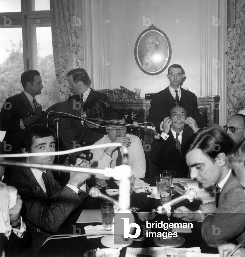 Salvador Dali With Journalist Jean Pierre Farkas (L) during Radioprogram on Rtl May 6, 1967 (b/w photo)