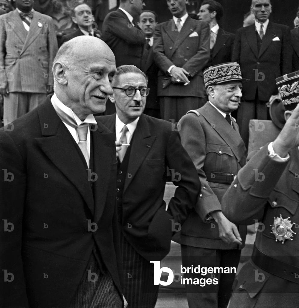 Robert Schuman and Jules Moch, Bastille Day, July 14, 1948, Paris  (b/w photo)