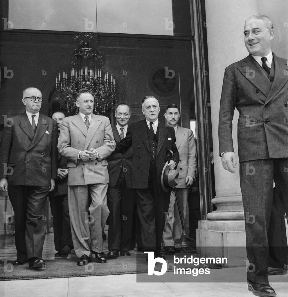 French Ministerial crisis, June 24, 1950 : Rene Mayer, Claudius Petit, Andre Maurier and Henri Queuille at the Elysee, Paris (b/w photo)