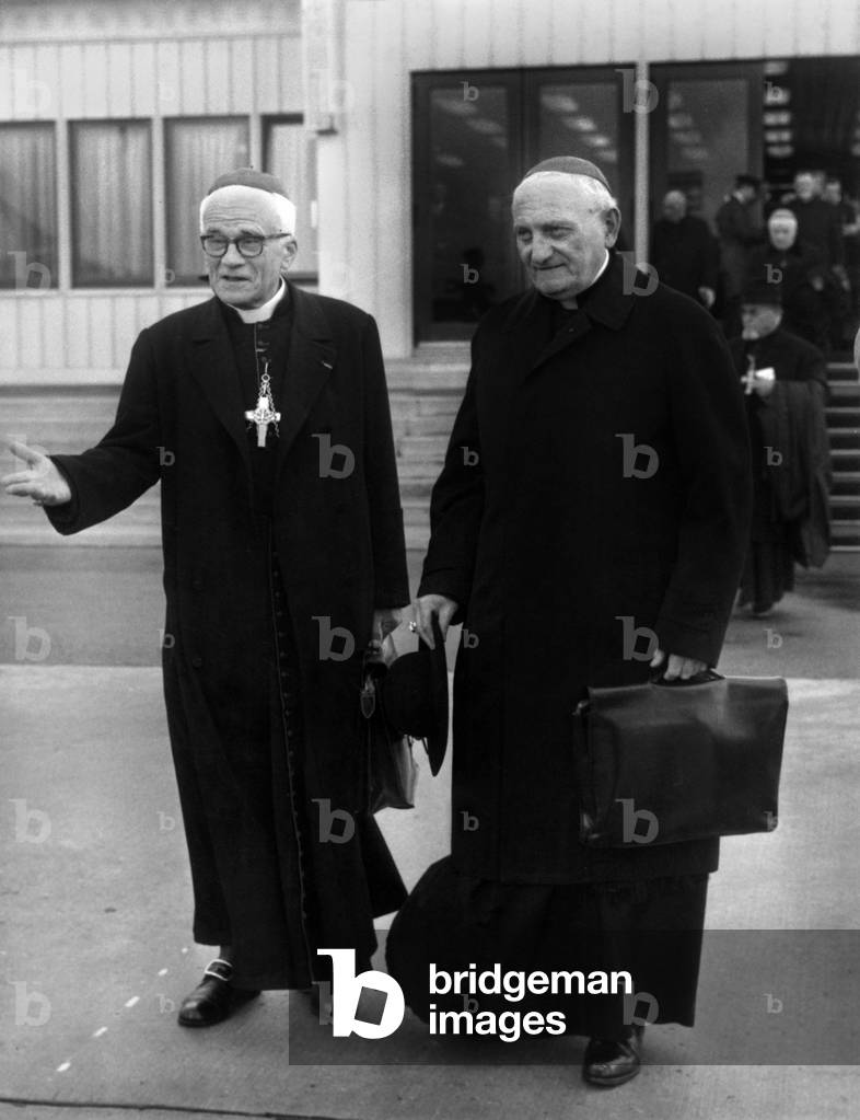 Cardinal Martin (Left) Archeveque De Rouen And Cardinal Richaud Archeveque From Bordeaux to Orly Airport Departing for Rome for the 4th Session of the Ecumenical Council September 13, 1965 (b/w photo)