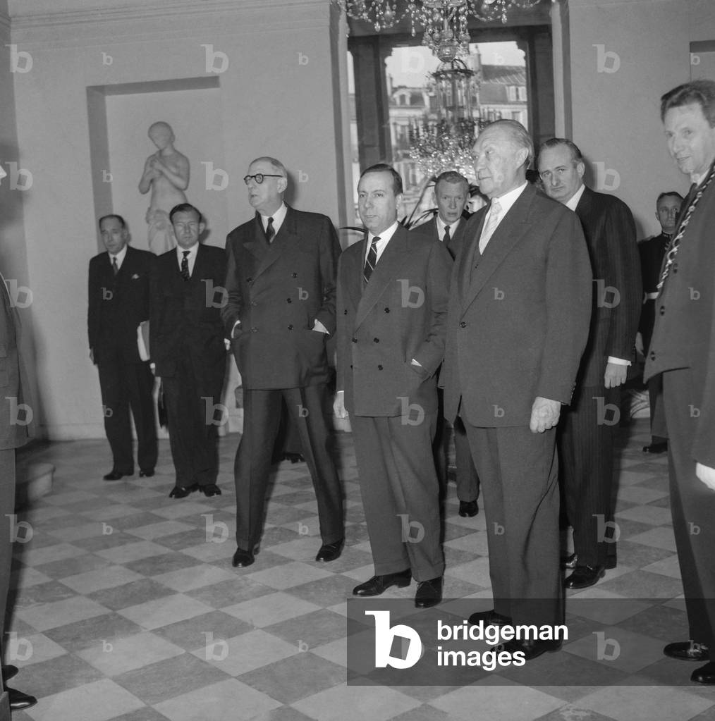 Summit conference at the Elysee, Paris, December 21, 1959 : French president Charles de Gaulle, Michel Debre, Conrad Adenauer (b/w photo)