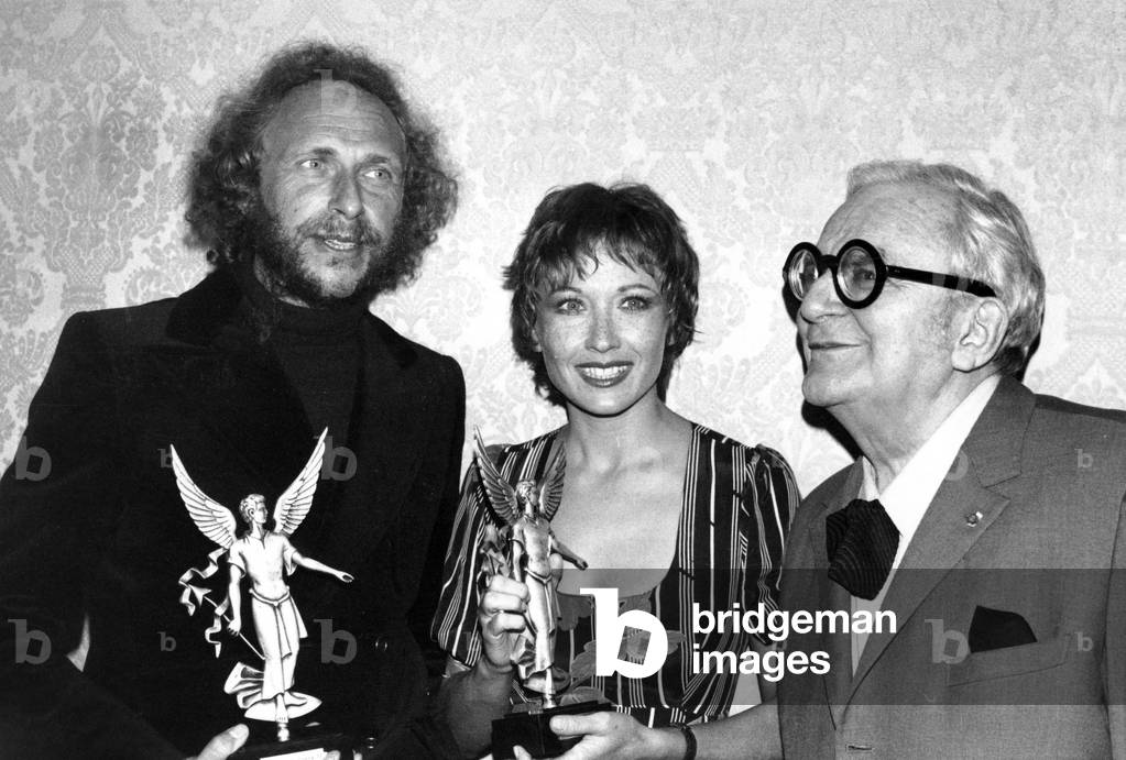 Michel Achard Handing Movie Prize To Pierre Richard and Marlene Jobert January 23, 1974 (b/w photo)