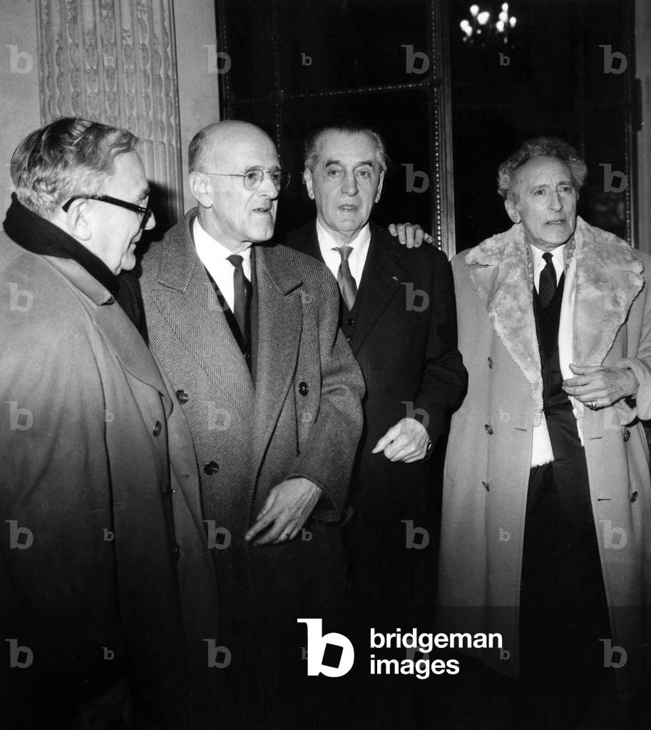 Jean Paulhan, Elected at The Academie Francais Is Congratulated By Marcel Achard, Andre Chamson, Jean Cocteau, January 24, 1963, Paris (b/w photo)