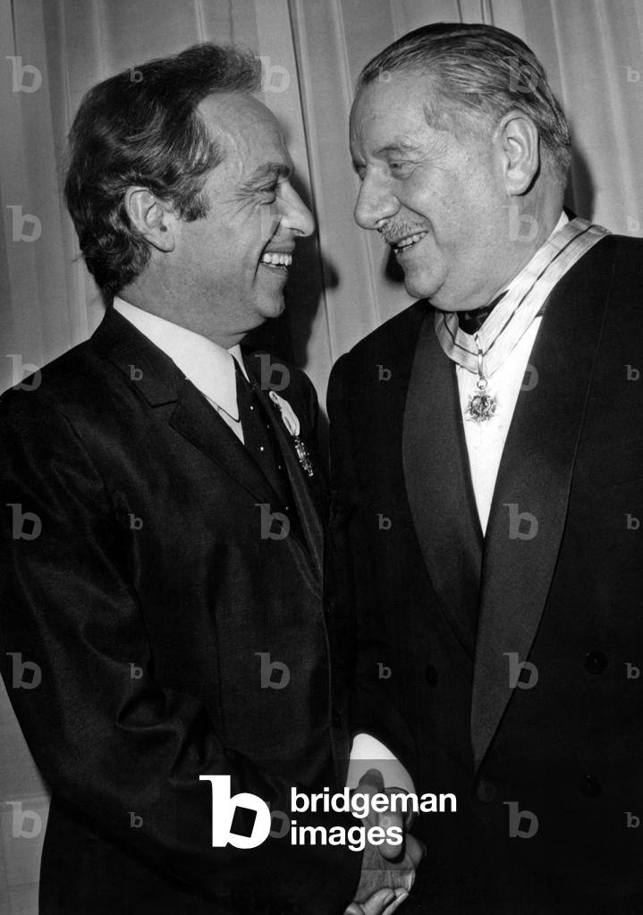 Alain Poher President Of The Senate Wearing His Tie As Dignitary Of The Order Of The French Courtesy (Right) And Guy Lux Decorated Of The Knight Cross Of The Order Felicitating Mutually After Recording Their Rewards At The Military Circle Place Saint-Augustin February 13, 1970 (b/w photo)