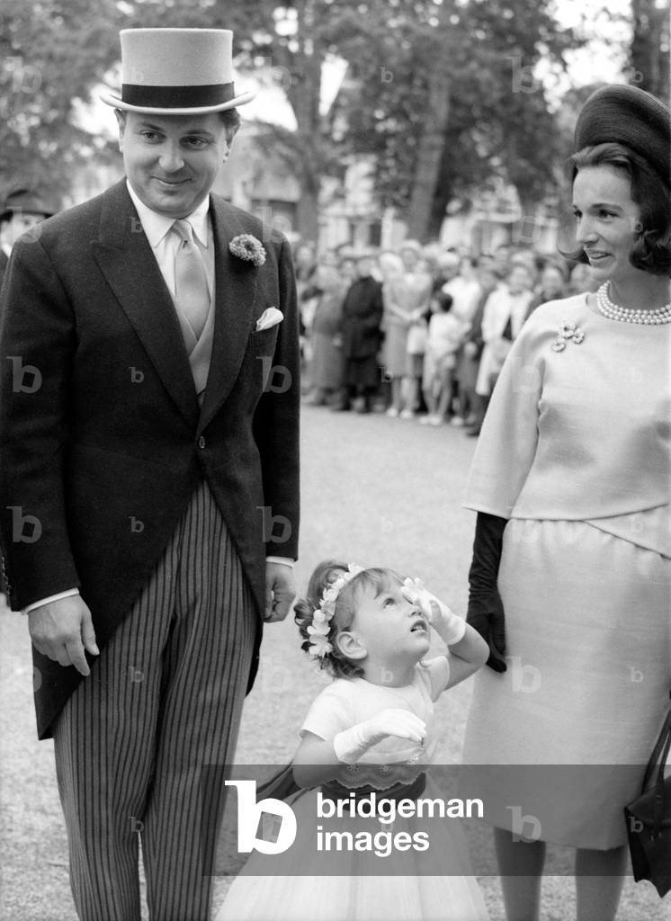 Michel D'Ornano and Daughter Christine Radzwill during Wedding of Hubert D'Ornano With Isabelle Potocka June 10, 1963 (b/w photo)