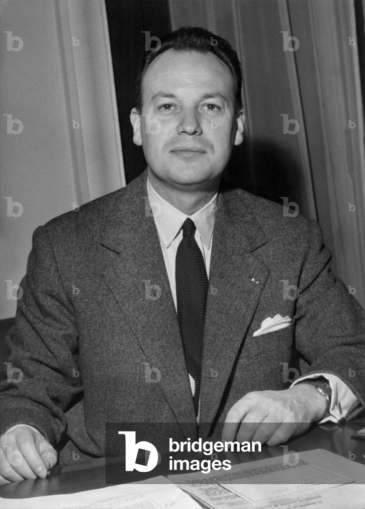 The French Minister of Ministry of Sustainable Development and Housing Pierre Sudreau (1919-2012), Announcing A Reform About Rents. December 23Th, 1958. (b/w photo)
