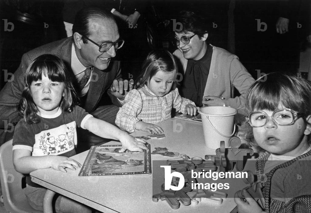 Jacques Chirac, Mayor of Paris Visiting A Creche, February 24, 1982 (b/w photo)