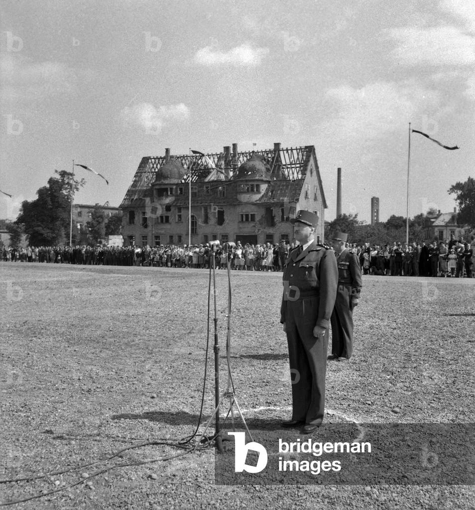 French General Marie Pierre Koenig in Kehl, Germany, August 11, 1949 (b/w photo)