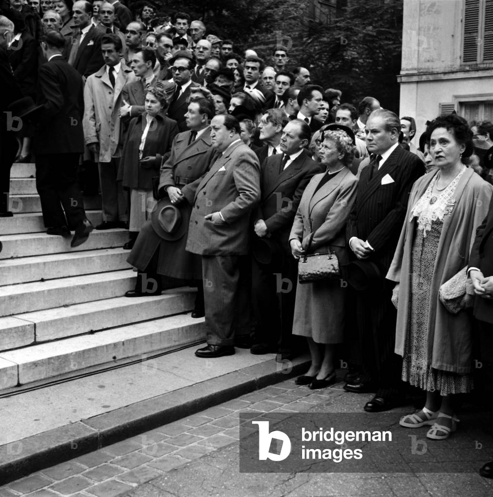Funeral of Actress Ludmilla Pitoeff, Alexander Nevsky Cathedral, Paris, September 19, 1951 : L-R : Jean Brochard, Tomerson, Fernand Ledoux, Valentine Tessier, Marcel Herrand, Jean Marchat and Andre Barsacq (b/w photo)