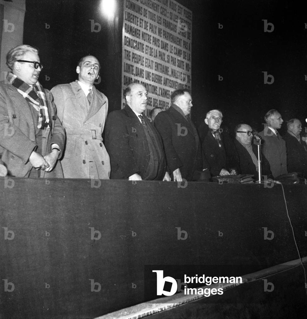 Yves Farge, ?, ?, Maurice Thorez, Marcel Cachin Et Jacques Duclos during Communist Meeting in Paris With Marcel Cachin, March 2, 1949 (b/w photo)