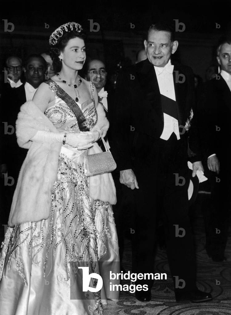 Visit of Queen of England Elizabeth Ii in Paris, April 9, 1957 : at The Opera With French President Rene Coty (b/w photo)