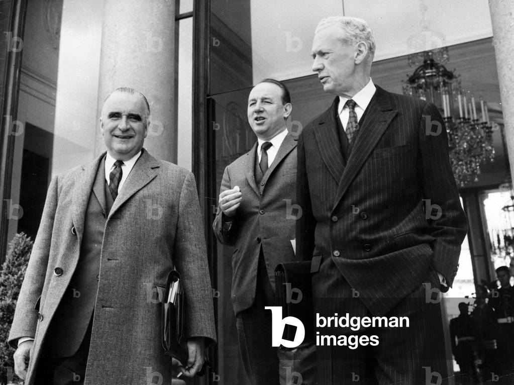 French President Georges Pompidou, Raymond Marcellin, French Minister of Industry and Maurice Couve De Murville, French Minister of Foreign Affairs, Leaving Elysee Palace (Paris) After The Council of Ministers on May 3, 1967 (b/w photo)