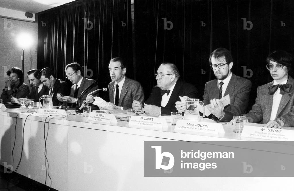 Robert Badinter, Speaking, French Minister of Justice, during Press Conference on December 10, 1984 About Modernization of Justice (b/w photo)